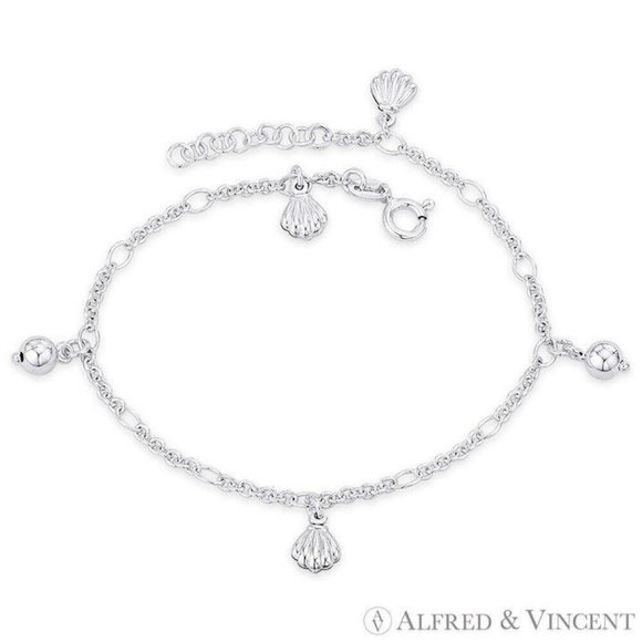 Clam Seashell & Ball Bead on Cable Chain Charm Anklet in 925 Sterling Silver- 9" - Picture 1 of 1